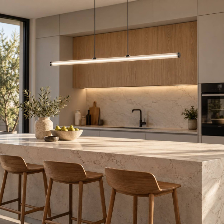 LOONARI RIVIA P elongated LED pendant light, 3000K, ribbed glass
