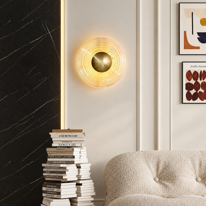 ADANI Carabin round LED wall light 30 cm, clear glass + gold