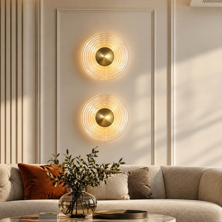 ADANI Carabin round LED wall light 30 cm, clear glass + gold