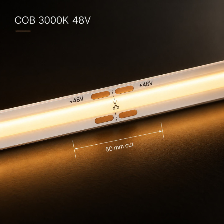 Professional COB LED Strip 8 W/m, Warm White 3000K, 48V for indoor use