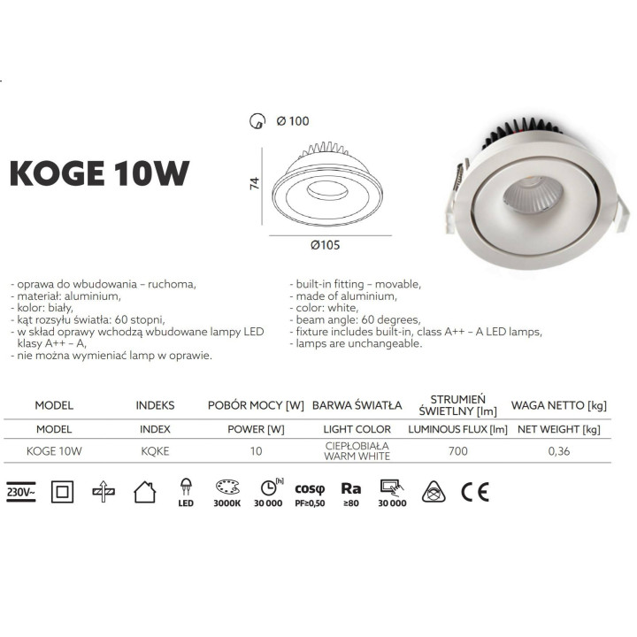 Kobi KOGE LED 10W wpuszczana biała