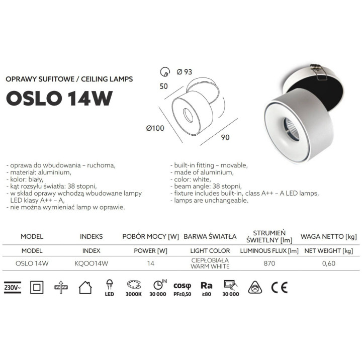 Kobi OSLO LED 10W, 14W recessed white