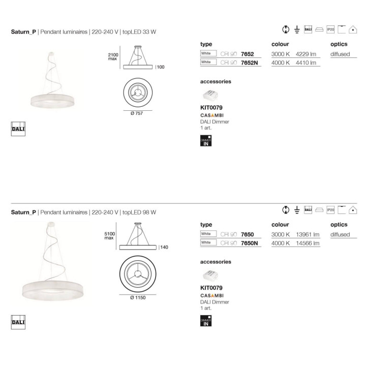 STILNOVO SATURN 7650, 7652 duża biała wisząca LED 75cm, 115cm DALI