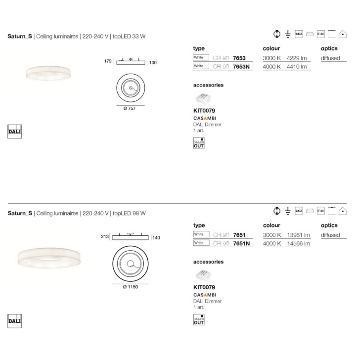 STILNOVO SATURN 7651, 7653 white surface LED lamp 75cm, 115cm DALI