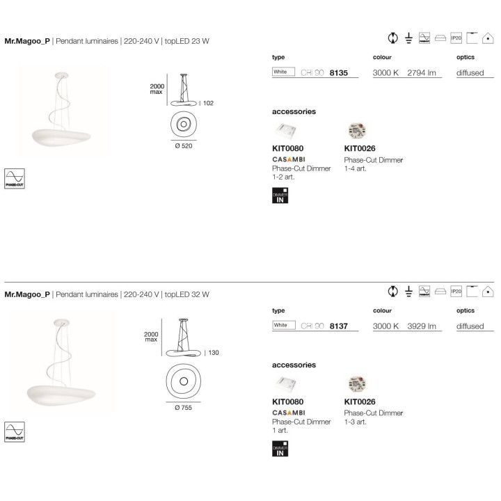 MR MAGOO 8135, 8137 lampa wisząca LED 52cm, 75cm phase-cut 2700K-3000K