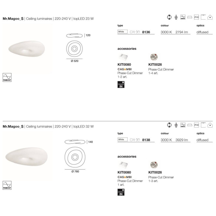 MR. MAGOO 8136, 8138 plafon LED 52cm-76cm Phase-cut 2700-3000K