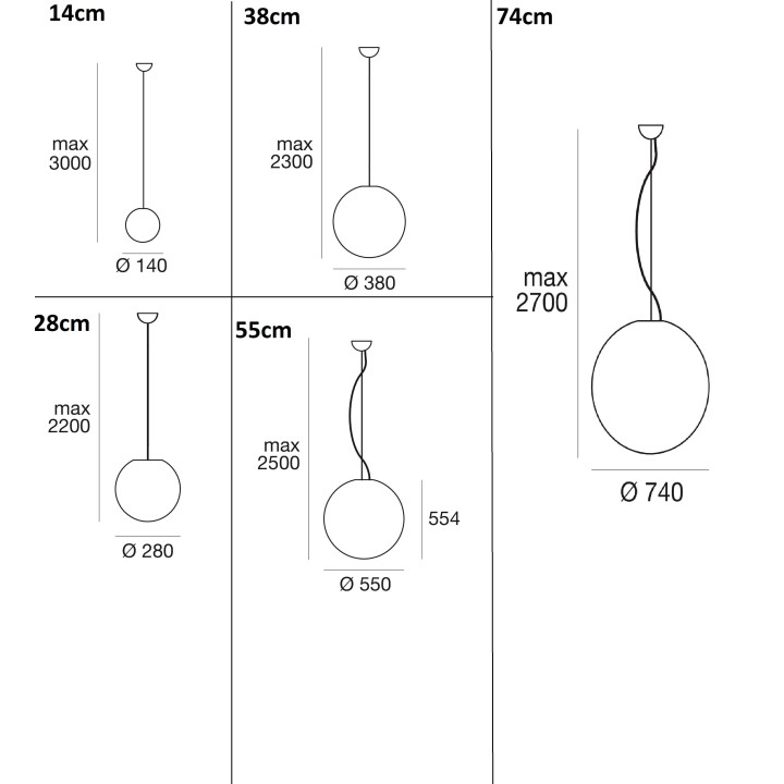 LINEA LIGHT OH!P lampa wisząca kula LED 14cm-74cm IP20, IP65
