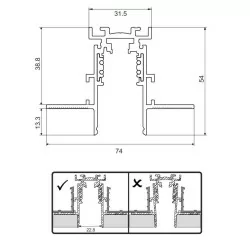 Deep magnetic rail recessed into plasterboards white, black 1m, 2m