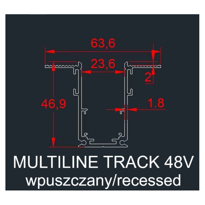SLED MULTILINE trimless recessed magnetic track 12.5mm drawing