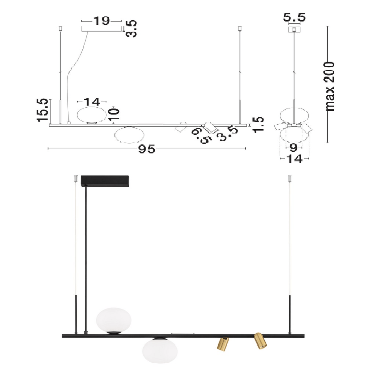 LUCES BAIONA LE45912 LED+G9 pendant lamp black and gold, unique style