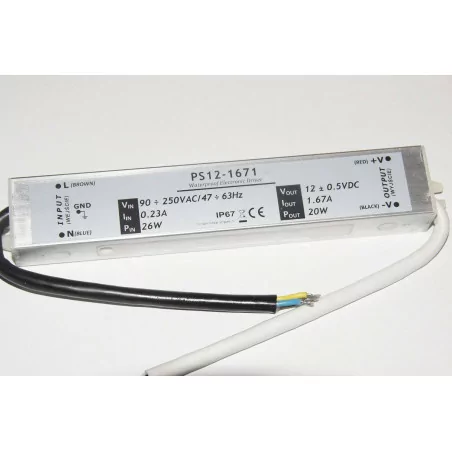 Zasilacz LED PS12-1671 20W 1,67A 12V DC WODOODPORNY Zasilacz LED PS12-1671 20W 1,67A 12V DC WODOODPORNY