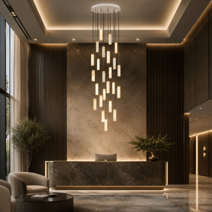 LUCES DILETTO duża lampa wisząca z alabastru 334cm, zwieszane tuby LED