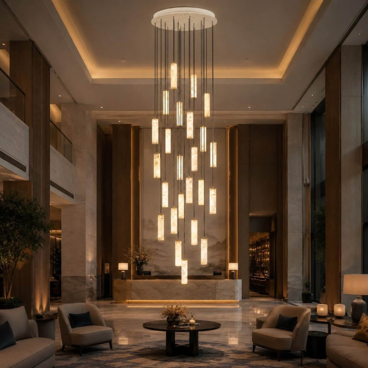 LUCES DILETTO duża lampa wisząca z alabastru 334cm, zwieszane tuby LED