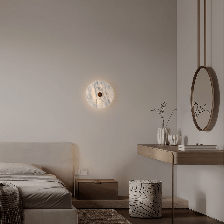 LUCES MARBELLE round LED wall lamp, 30 cm, white marble and bronze