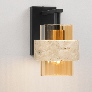 LUCES MELONY czarny kinkiet E27 beżowy trawertyn, szkło bursztynowe