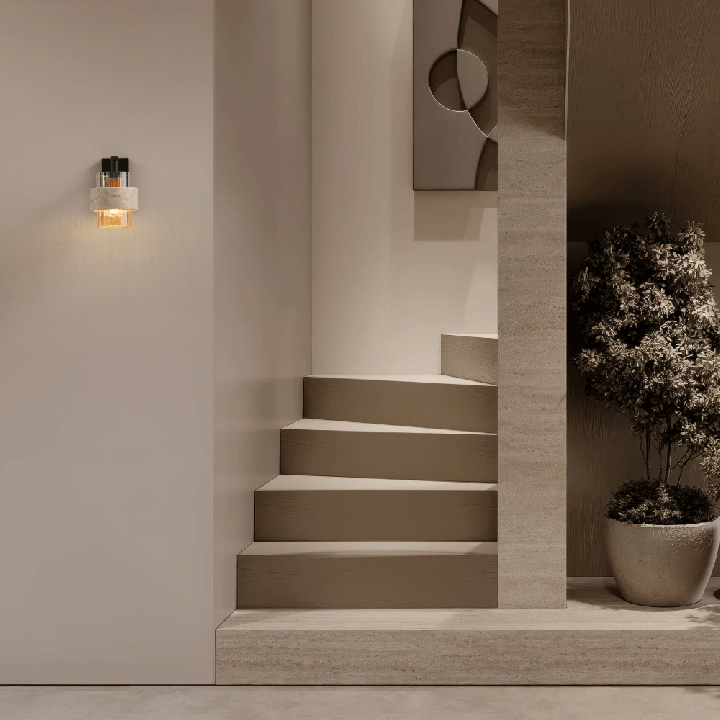 LUCES MELONY black wall lamp E27, beige travertine, amber glass