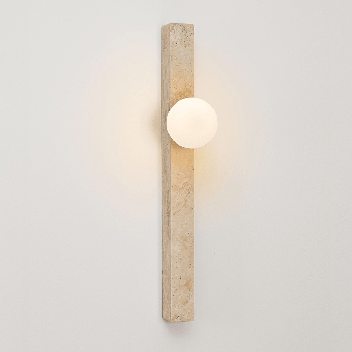 LUCES OVEE vertical wall lamp 60 cm, beige travertine, 10 cm sphere
