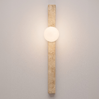 LUCES OVEE pionowy kinkiet 60cm beżowy trawertyn, szklana kula 10cm
