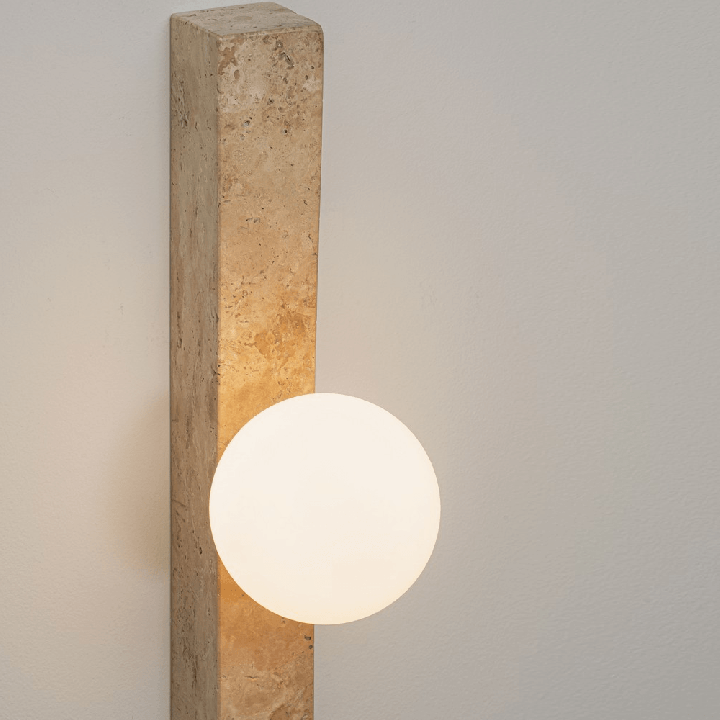 LUCES OVEE vertical wall lamp 60 cm, beige travertine, 10 cm sphere