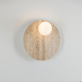 LUCES OVEE round wall lamp 30 cm, natural travertine 10 cm glass globe