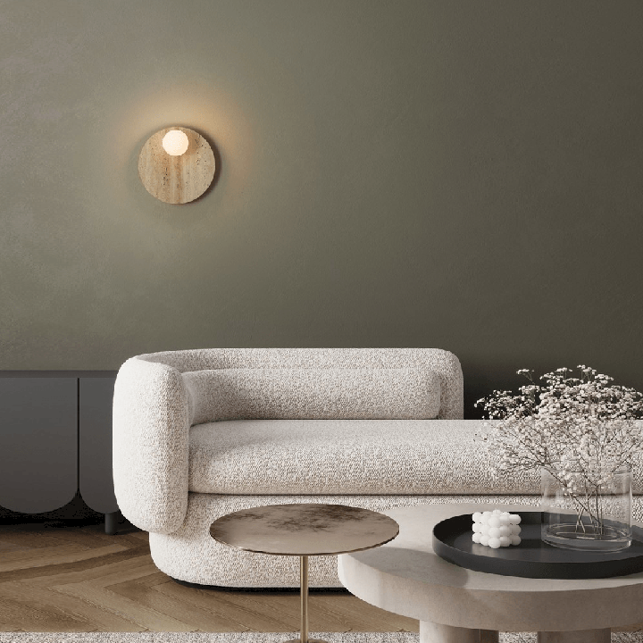 LUCES OVEE okrągły kinkiet 30cm naturalny trawertyn, szklana kula 10cm