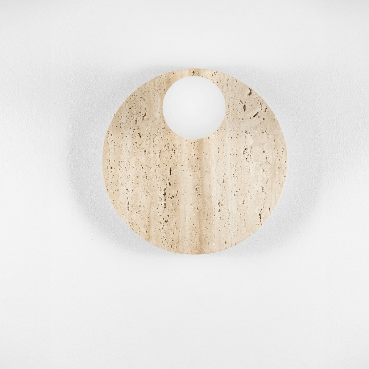 LUCES OVEE round wall lamp 30 cm, natural travertine 10 cm glass globe