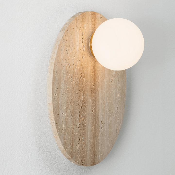 LUCES OVEE okrągły kinkiet 30cm naturalny trawertyn, szklana kula 10cm