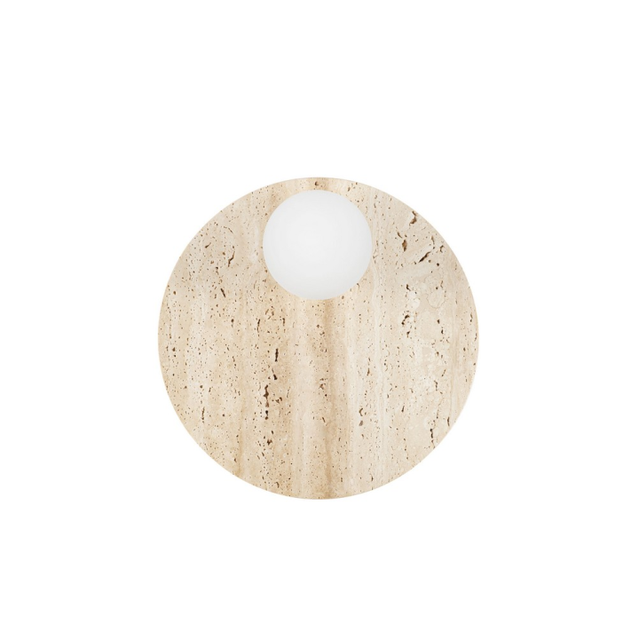 LUCES OVEE round wall lamp 30 cm, natural travertine 10 cm glass globe