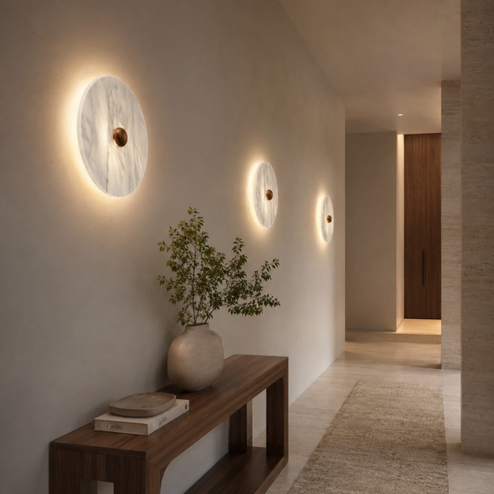 LUCES MARBELLE round LED wall lamp, 30 cm, white marble and bronze
