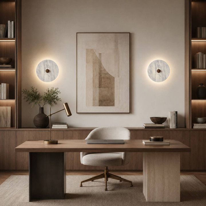 LUCES MARBELLE round LED wall lamp, 30 cm, white marble and bronze