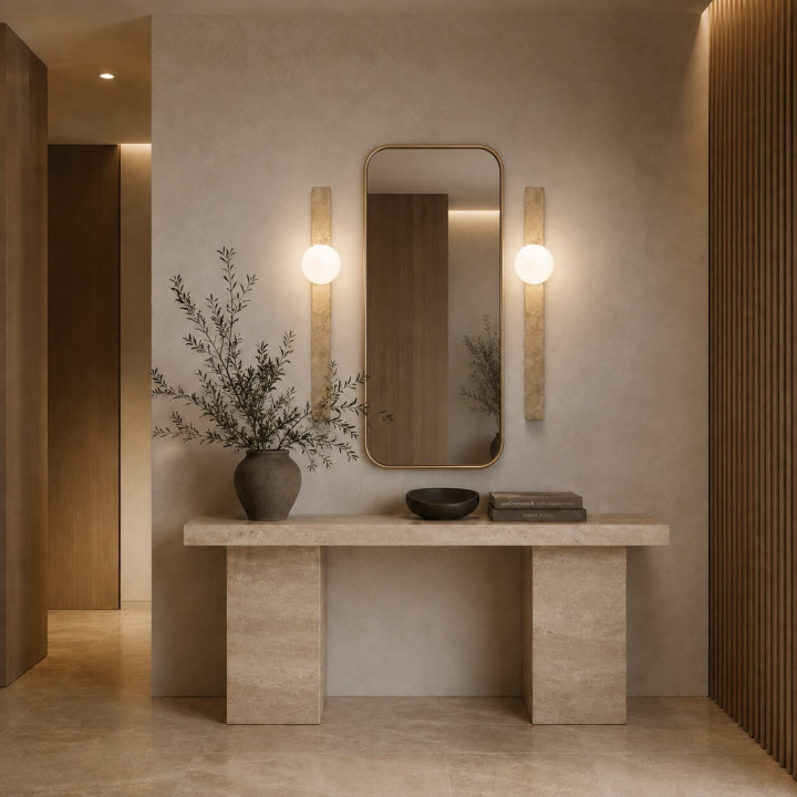 LUCES OVEE vertical wall lamp 60 cm, beige travertine, 10 cm sphere