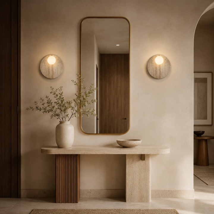 LUCES OVEE round wall lamp 30 cm, natural travertine 10 cm glass globe