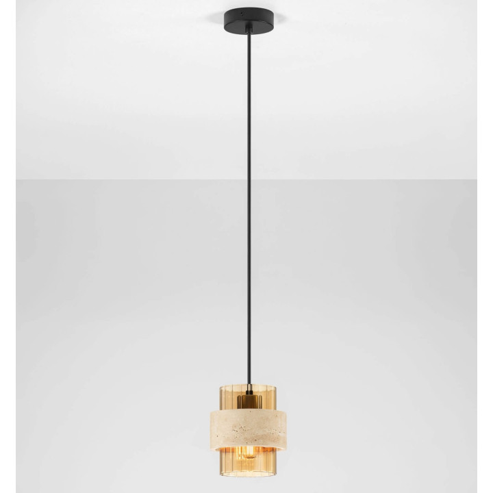 LUCES MELONY tube pendant light 230V, travertine and amber glass