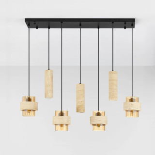LUCES MELONY black linear pendant light, travertine and amber glass