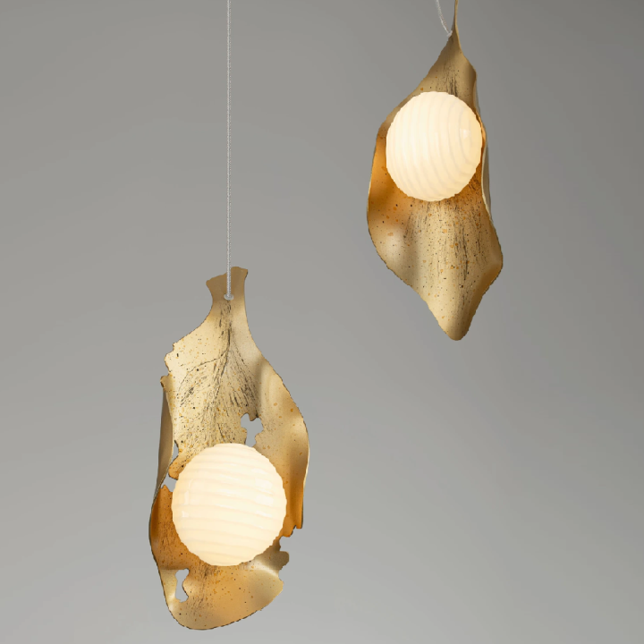 LUCES MALORY gold-painted LED pendant light 27W with opal glass shades