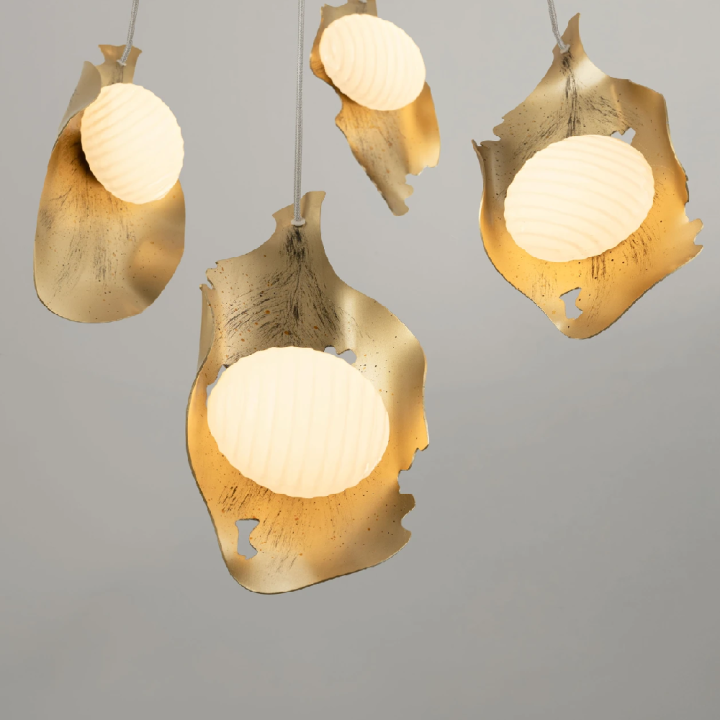 LUCES MALORY gold-painted LED pendant light 27W with opal glass shades