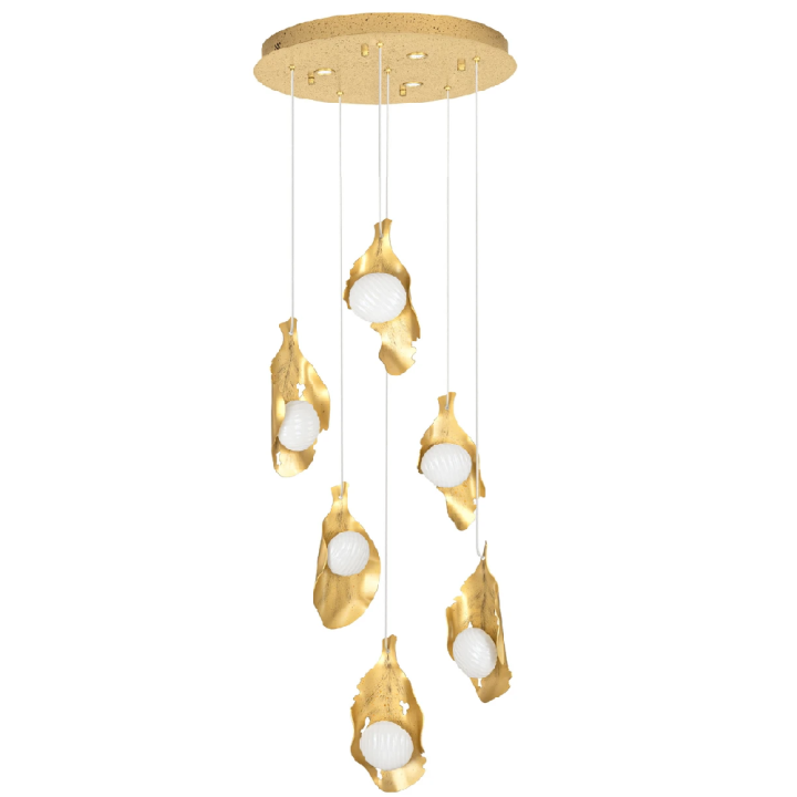 LUCES MALORY gold-painted LED pendant light 27W with opal glass shades