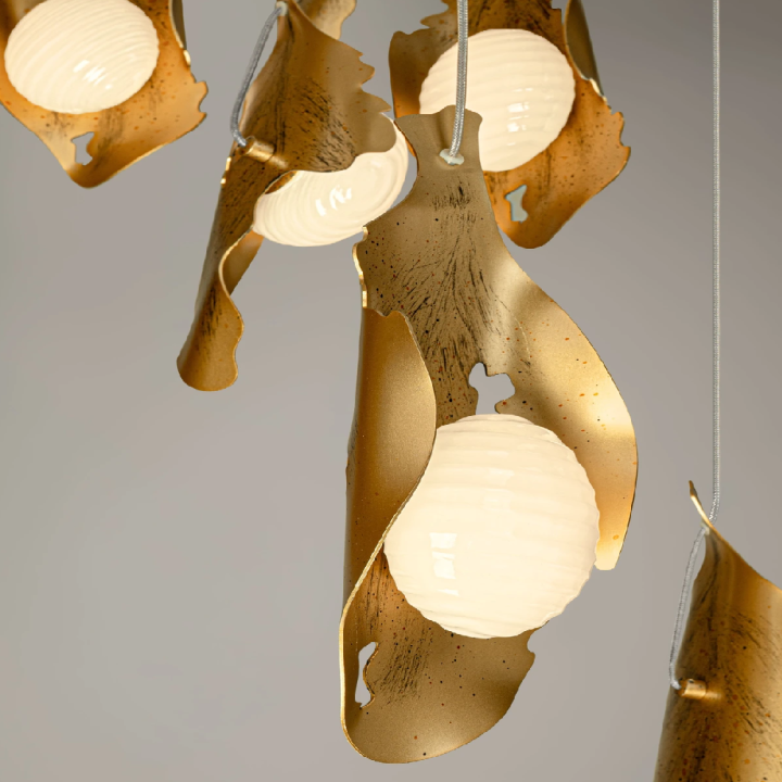 LUCES MALORY large designer LED pendant light, gold with opal glass shades