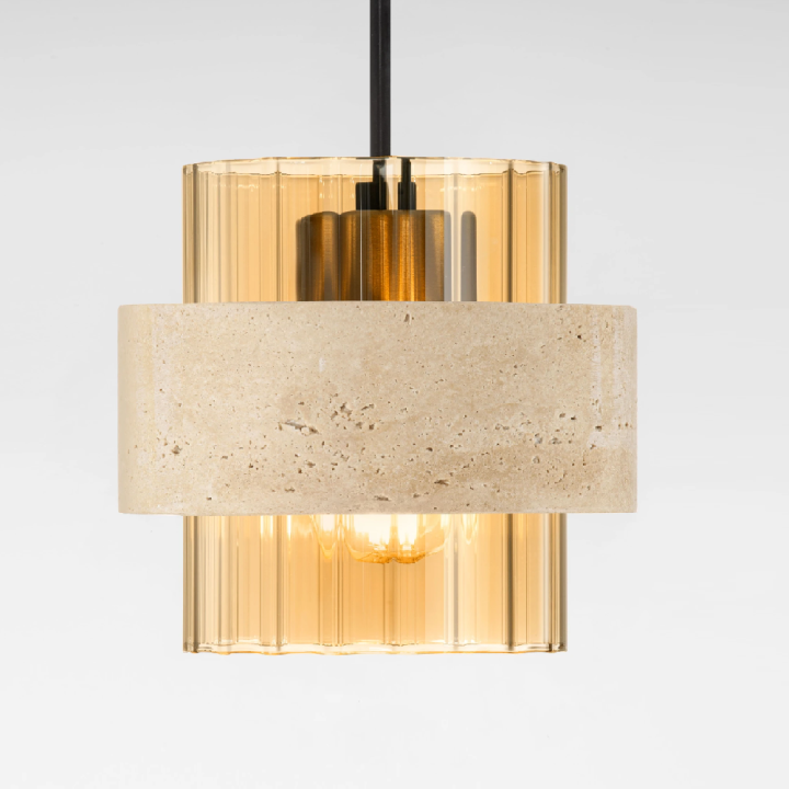 LUCES MELONY lampa wisząca tuba 230V trawertyn, szkło bursztynowe