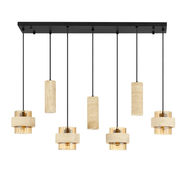 LUCES MELONY black linear pendant light, travertine and amber glass