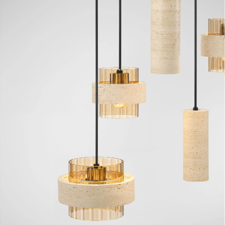 LUCES MELONY black round pendant light &oslash;47cm travertine and amber glass