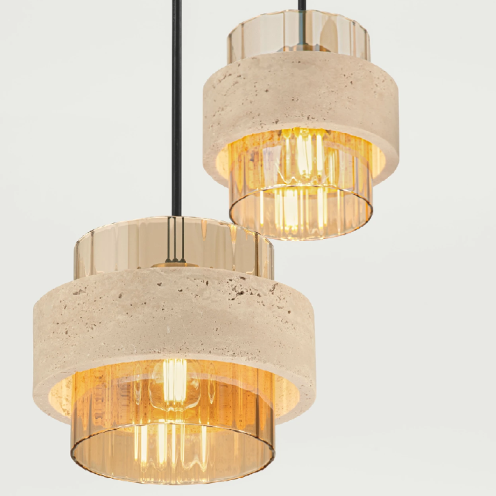 LUCES MELONY czarna, okrągła lampa wisząca &oslash;47cm trawertyn, szkło bursztynowe