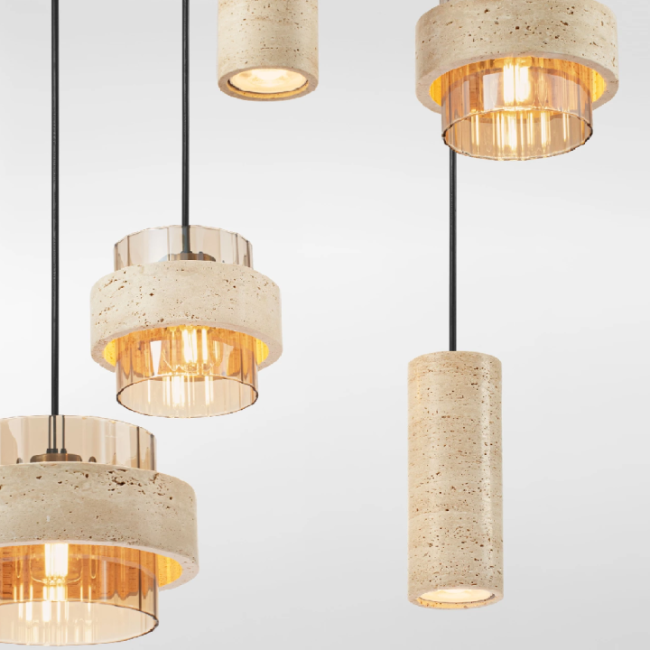 LUCES MELONY czarna, okrągła lampa wisząca &oslash;47cm trawertyn, szkło bursztynowe