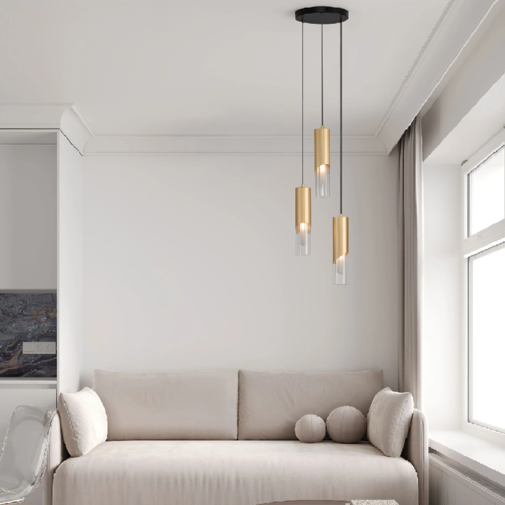 LUCES MODESTO złoto-czarna lampa wisząca 3 tuby przeźroczyste klosze