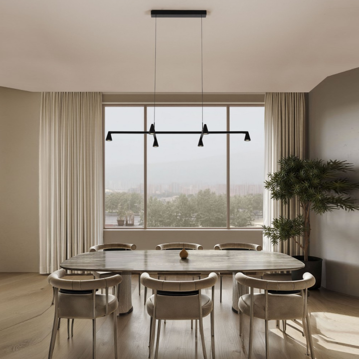 LUCES RIVO czarna lampa wisząca LED z 6 punktami, długość 110cm, 3000K