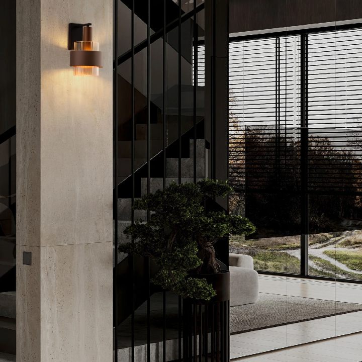LUCES SERENA elegancki kinkiet brąz, czarny, szkło bursztynowe 1xE27