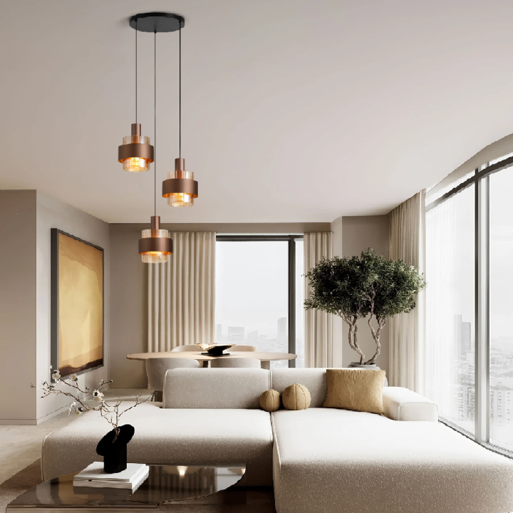 LUCES SERENA okrągła lampa wisząca brąz, czarny, szkło bursztynowe 3xE27