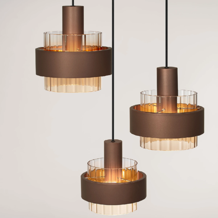 LUCES SERENA round pendant light bronze, black with amber glass 3xE27