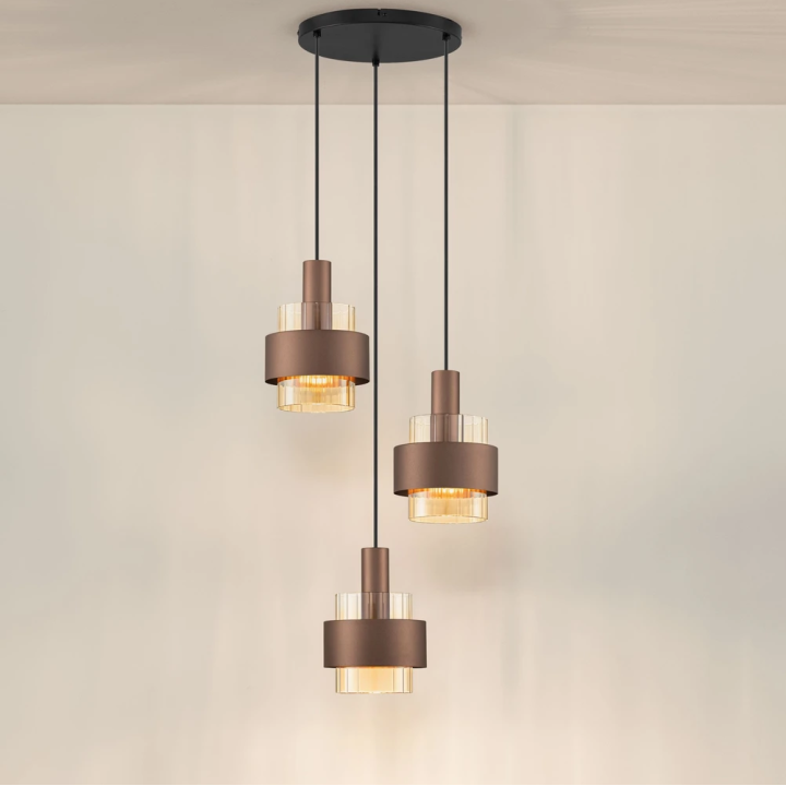 LUCES SERENA round pendant light bronze, black with amber glass 3xE27
