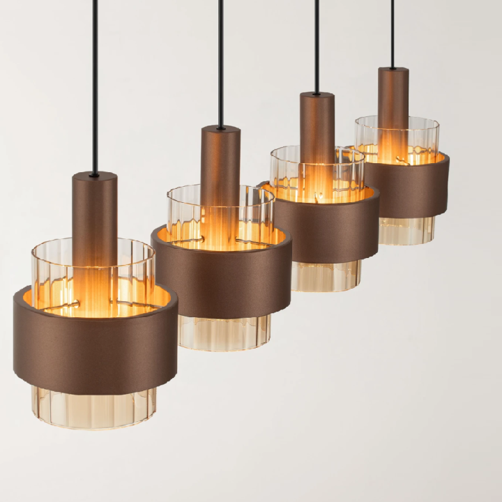 LUCES SERENA black linear pendant light, 4xE27, bronze and amber glass
